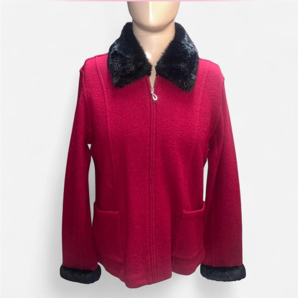 Vintage Carol Little Women’s Wool Jacket Red Faux fur full zip Medium Mob wife